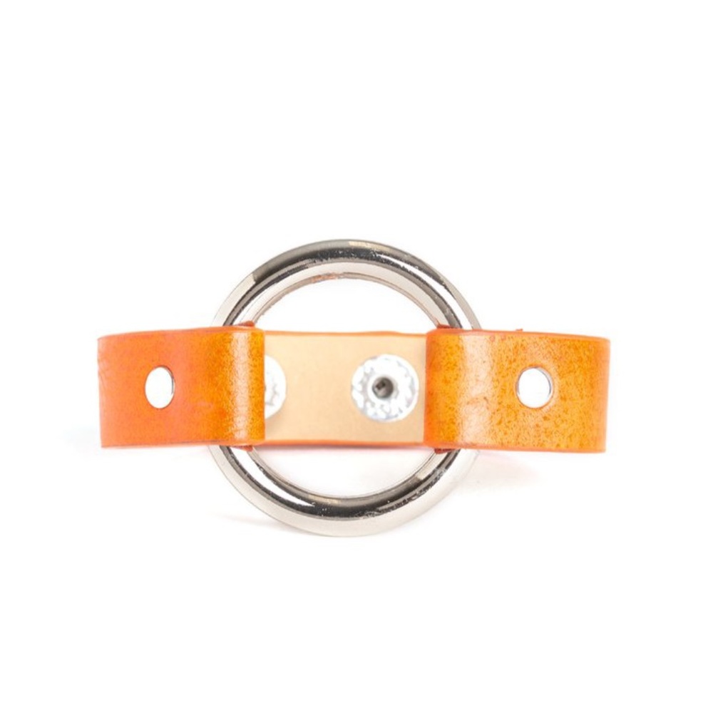 Orange Leather Strip & Oversized Silver Ring Wrap/Snap Rustic Rodeo Bracelet